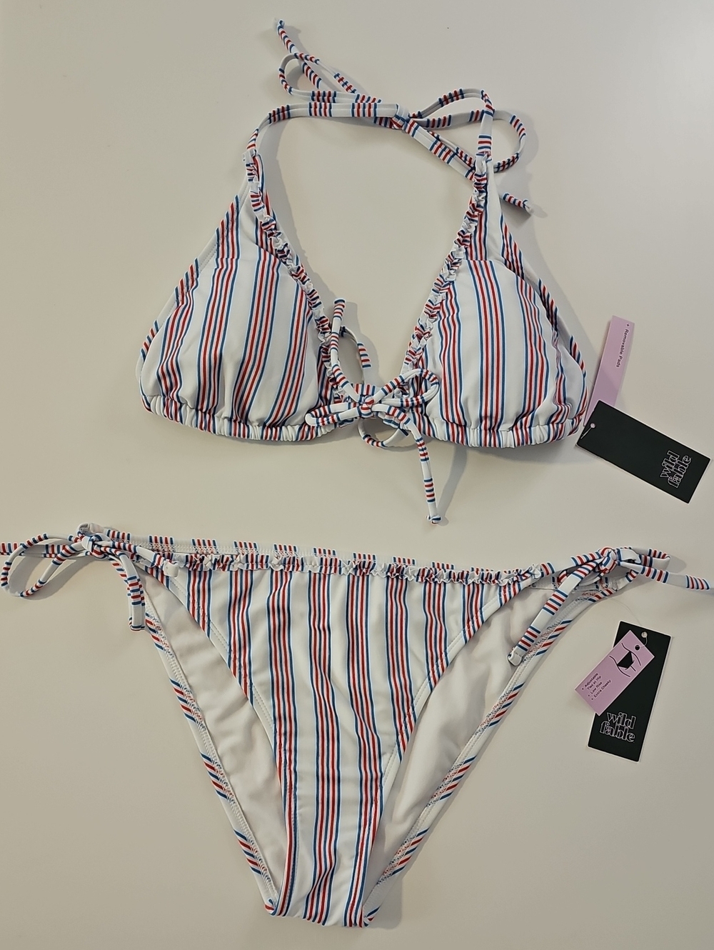 Wild Fable Women L/XL Textured Ruffle Edge Red/White/Blue Triangle Bikini Set
